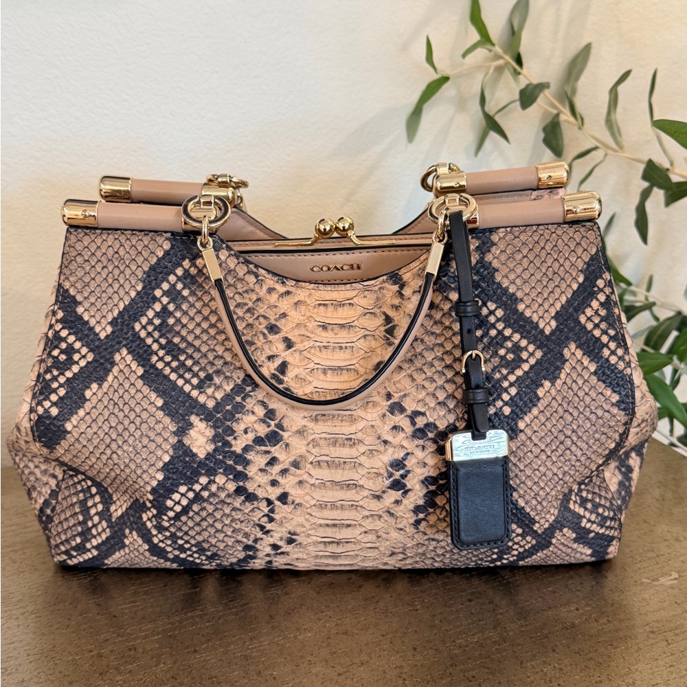 Coach-Limited Edition Python-Print Satchel in Tan and Black with Gold Hardware